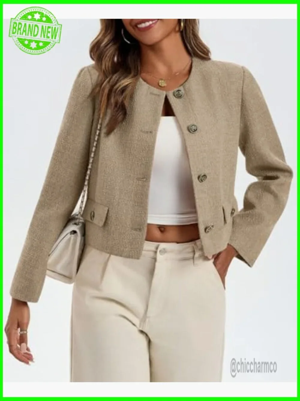 Womens Collarless Cropped Tweed Blazer Jacket Casual Business Fall Bomber